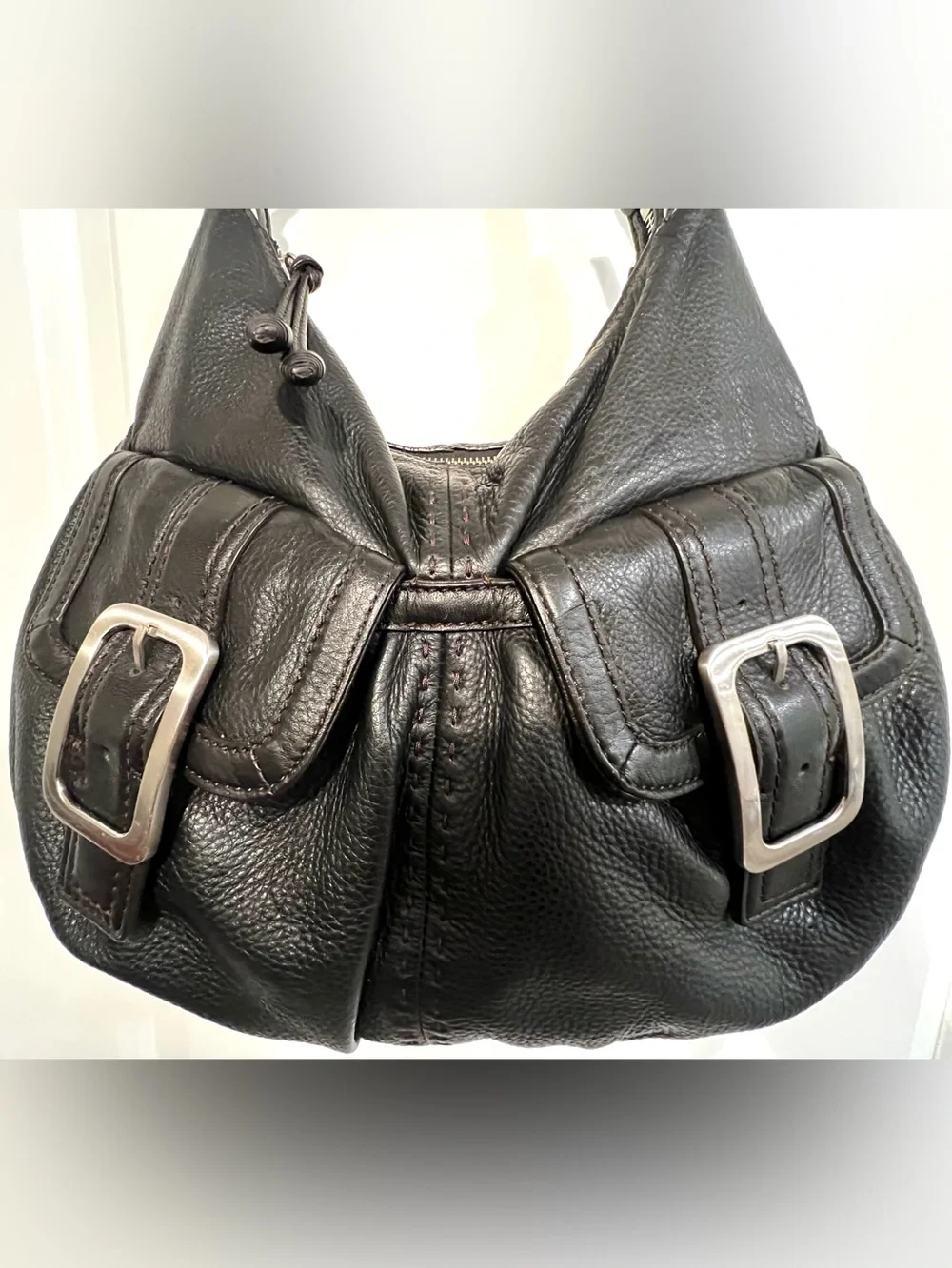 ✨COLE HAAN Y2K Large Black Leather Hobo Slouchy Shoulder Bag Buckles Pockets Zip